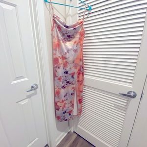 Multi colored silk bodycon slit spaghetti strap dress.